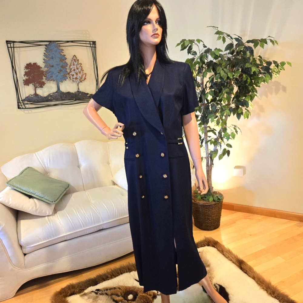 Danny & Nicole Navy with Gold Trim Midi Dress Size Medium